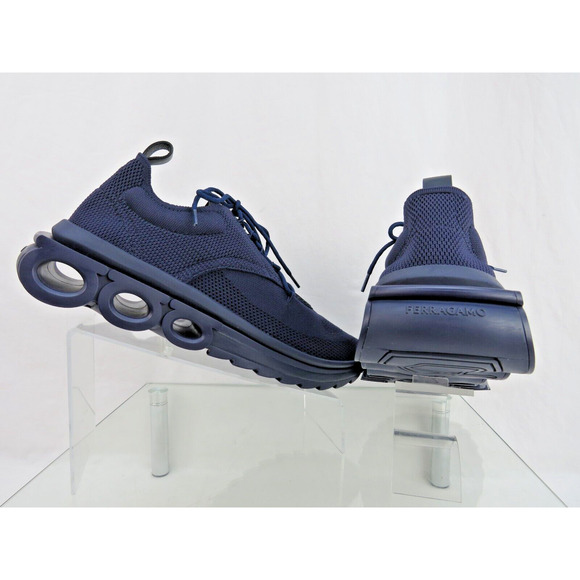 NIB FERRAGAMO DARK BLUE NIMA MESH LEATHER LOGO LOW SNEAKERS US 9.5 42.5 ITALY